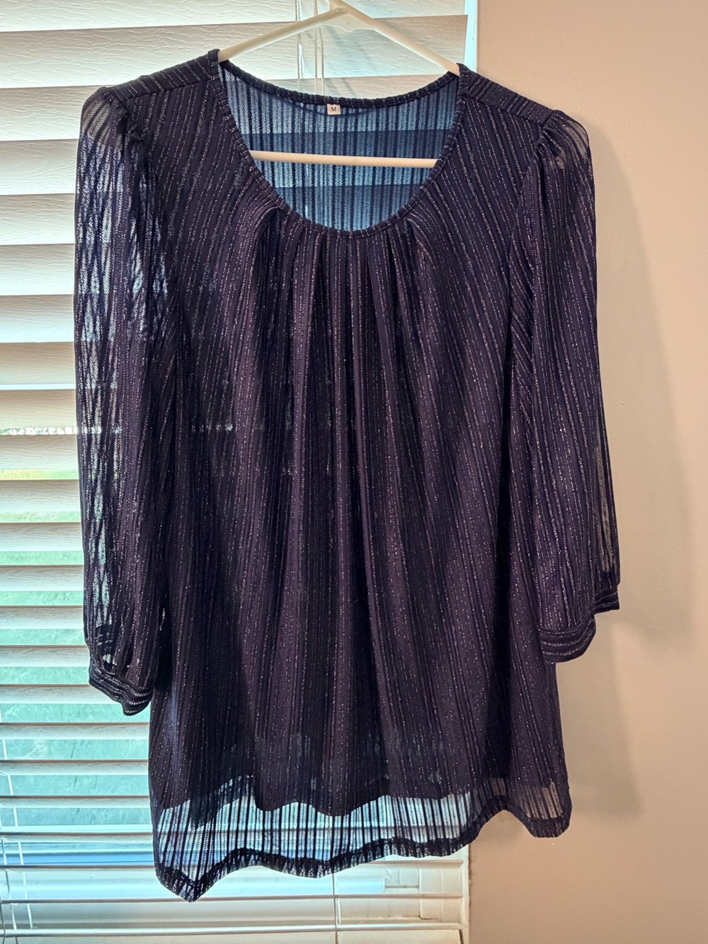 Navy Blue Metallic Sheer 3/4 Sleeve Blouse